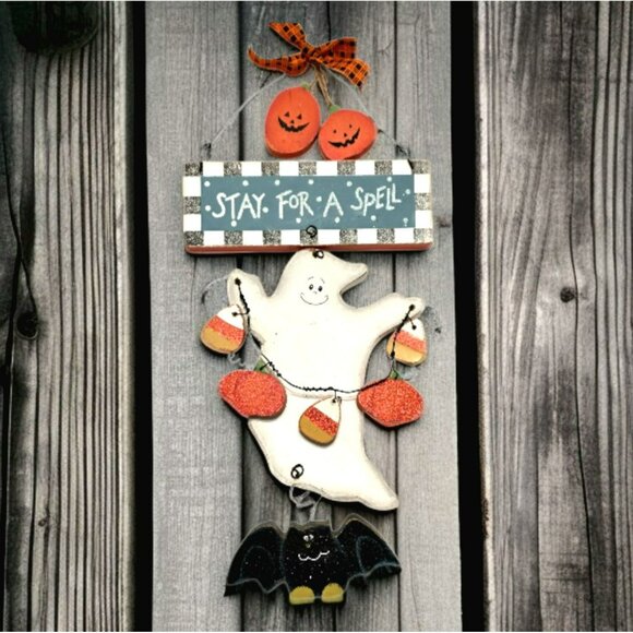 Vintage Halloween Sign Stay For A Spell Wood Ghost Pumpkins Bat Country Folk Art - Picture 1 of 7